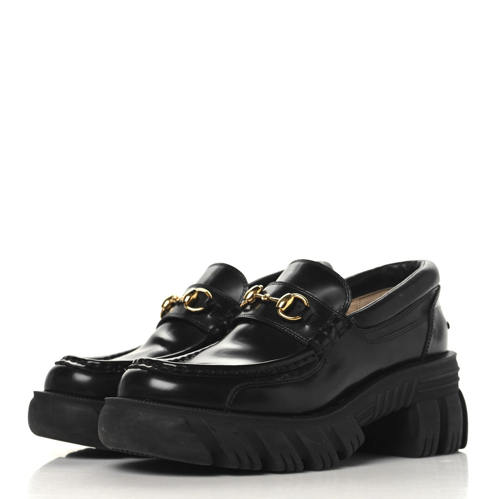 Magnum Calfskin Nappa Samoa Womens Horsebit Platform Chunky Lug Sole 40mm Loafers 38.5  Black