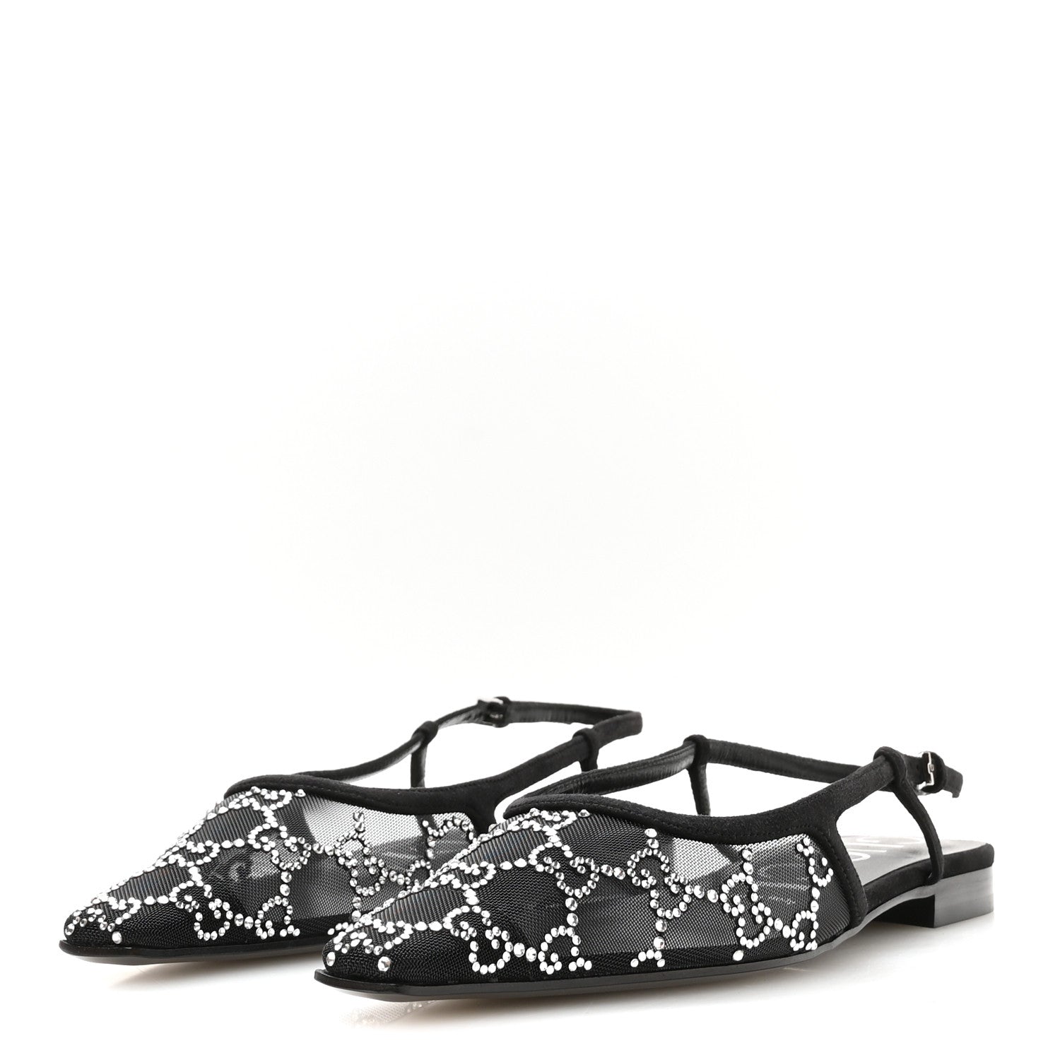 Tela Retino Kid Scamosciato Crystal GG Monogram Square G Slingback Flat 37 Black