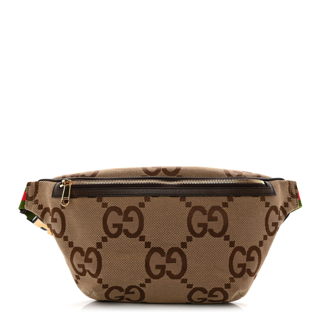 Monogram Jumbo GG Textured Dollar Calfskin Web Belt Bag Camel Ebony New Acero