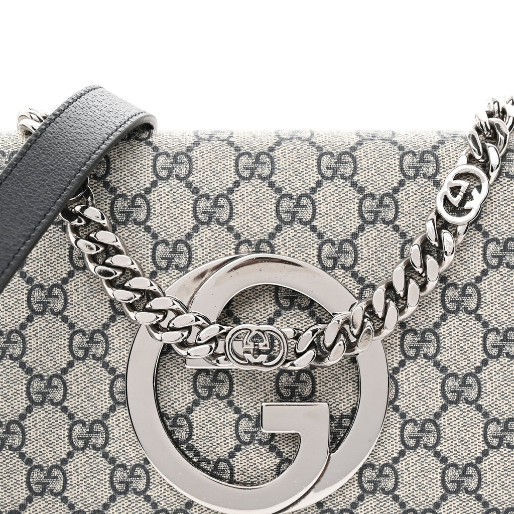 GG Supreme Monogram Textured Dollar Calfskin Blondie Chain Shoulder Flap Bag Beige Blue