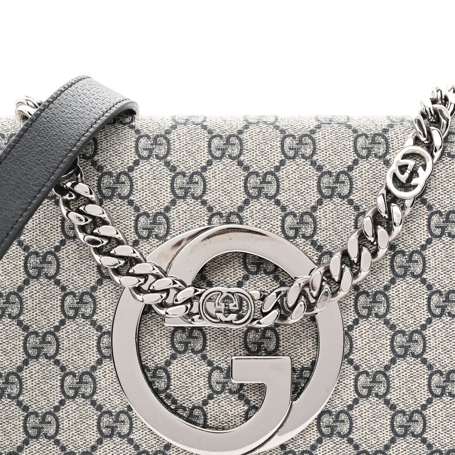 GG Supreme Monogram Textured Dollar Calfskin Blondie Chain Shoulder Flap Bag Beige Blue