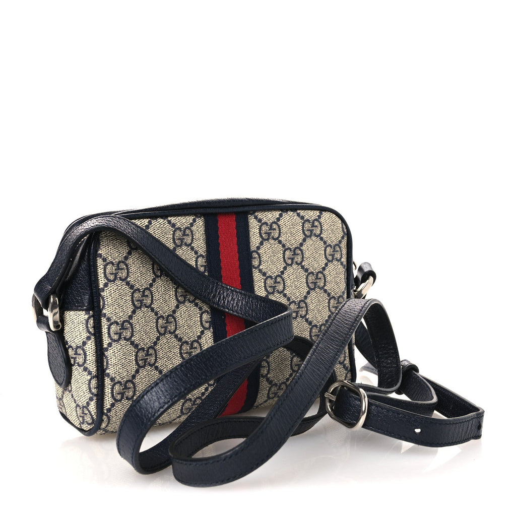 GG Supreme Monogram Textured Dollar Calfskin Web Mini Ophidia Shoulder Bag Beige Blue