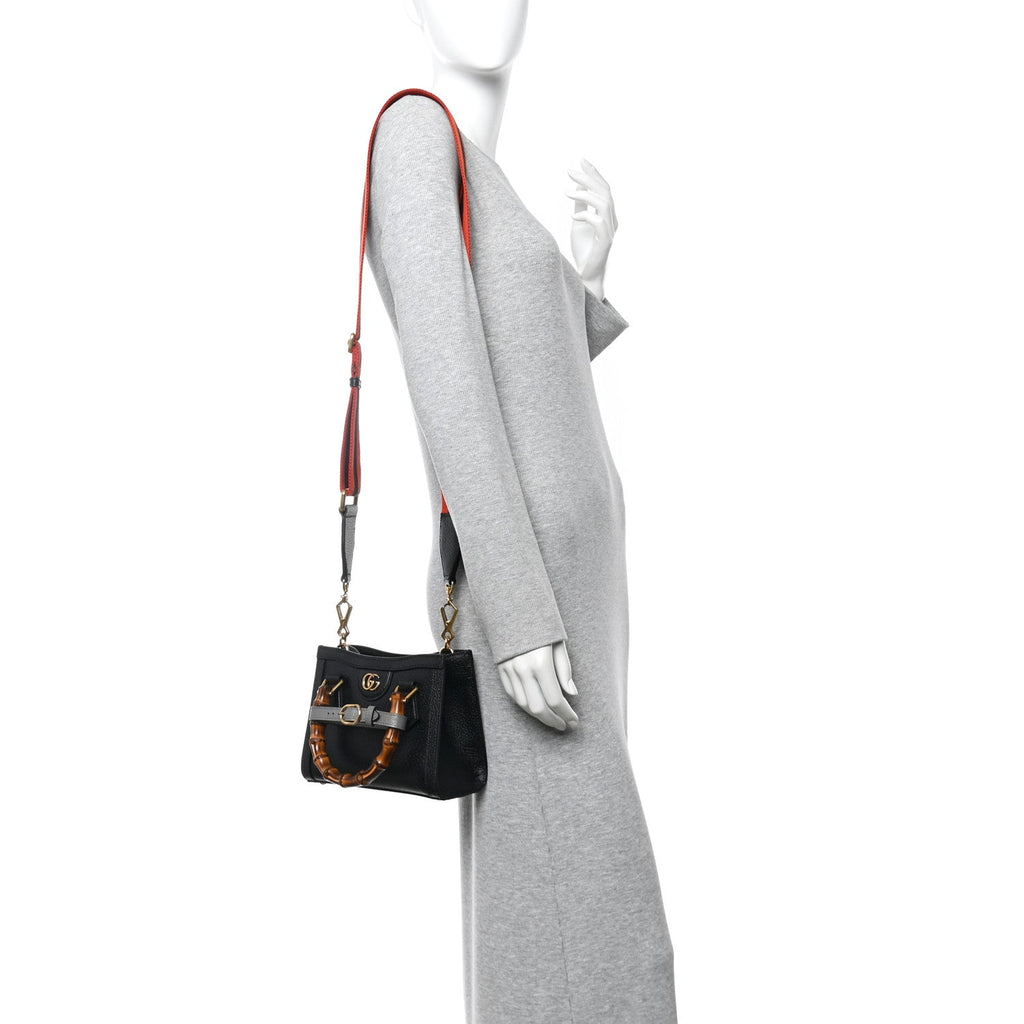 Textured Dollar Calfskin Web Mini Diana Tote Bag Black