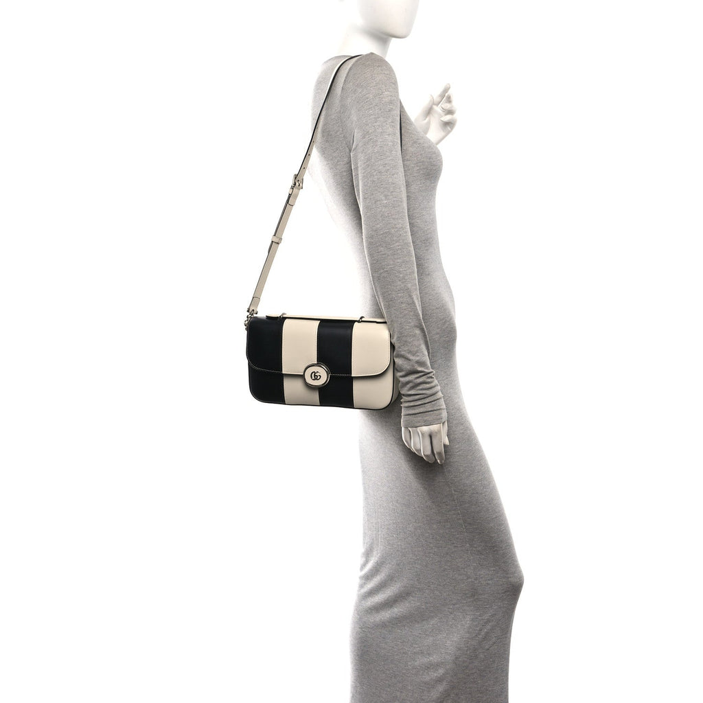Senna Calfskin Lines Petite GG Top Handle Shoulder Bag Black Mystic White