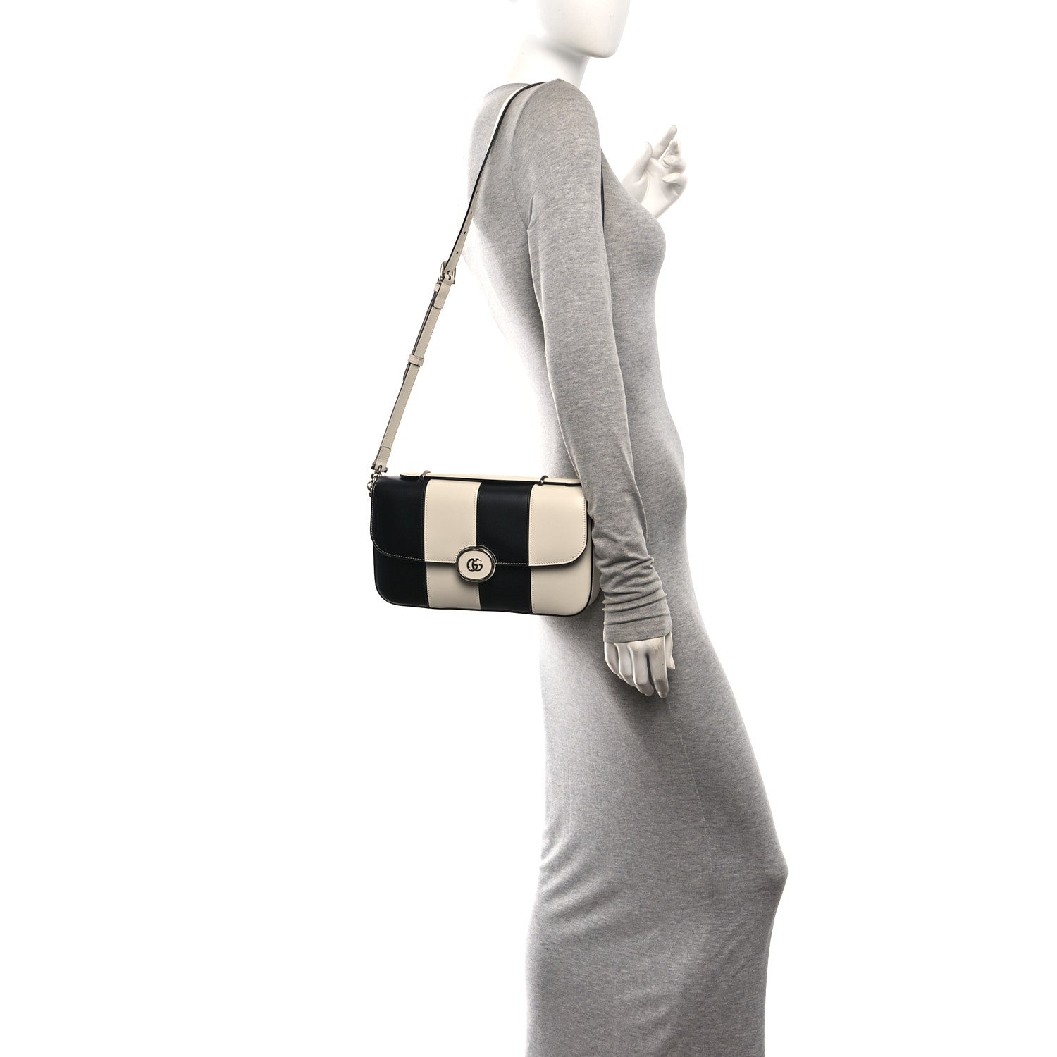 Senna Calfskin Lines Petite GG Top Handle Shoulder Bag Black Mystic White