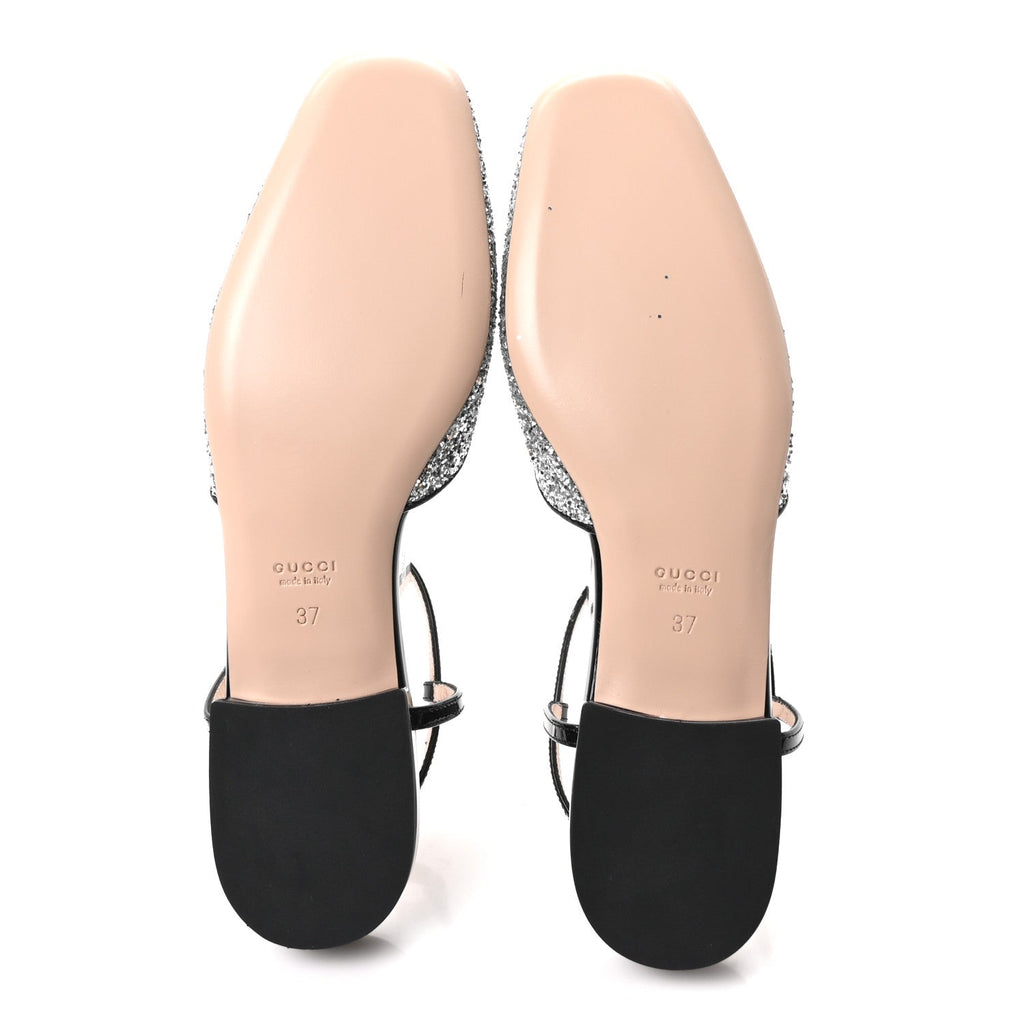 Calfskin Glitter Double G Slingback Flats 37 Silver Black