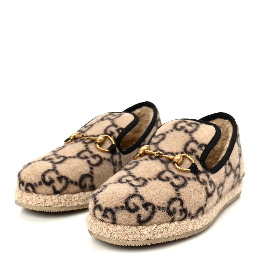 Covered Wool GG Monogram Womens Fria Horsebit Loafers 35.5 Beige Ebony Black Butterscotch