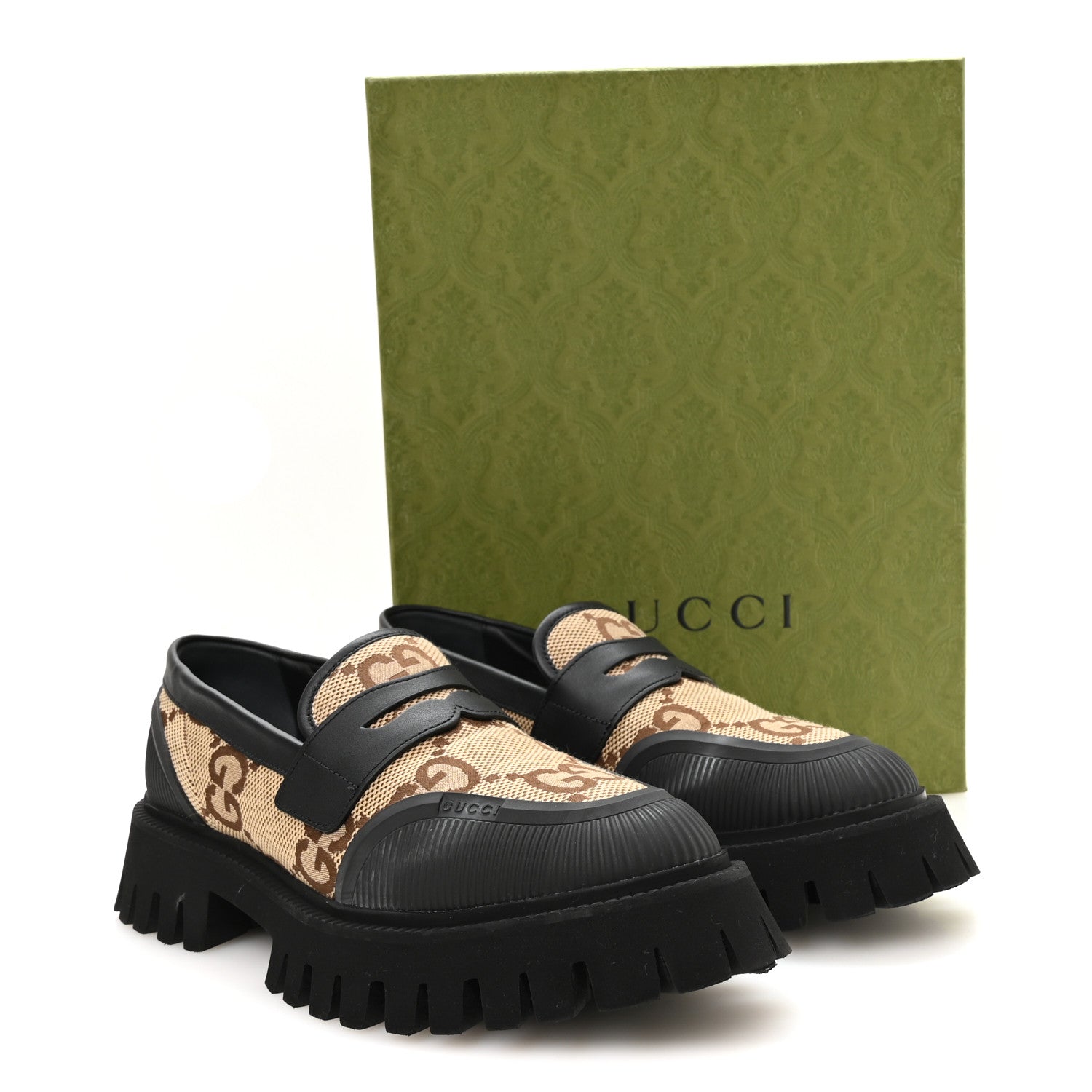 Monogram Jumbo GG Miro Soft Calfskin Mens Lug Sole Loafers 9 Camel Ebony Black