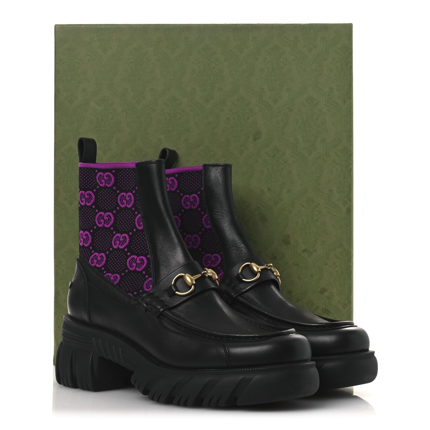 Quebec Calfskin Technical Jersey Knit GG Monogram Horsebit Ankle Boots 42 Black Fucsia