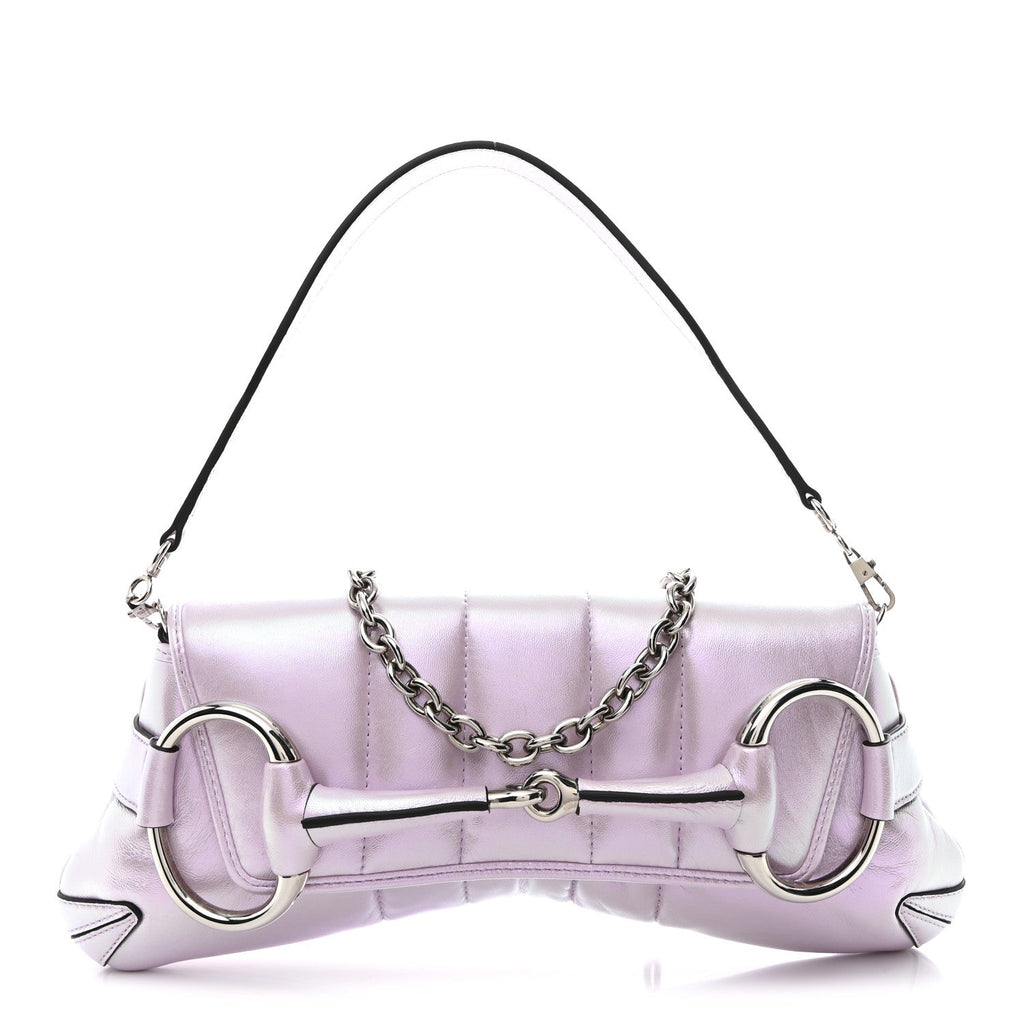 Iridescent Nappa Vertical Matelasse Medium Maxi Horsebit Chain Shoulder Bag Escape Pink