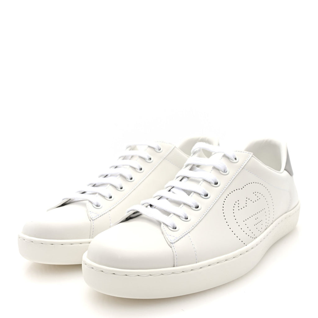 Calfskin Interlocking G Perforated Mens Ace Sneakers 8 White Grey Sky