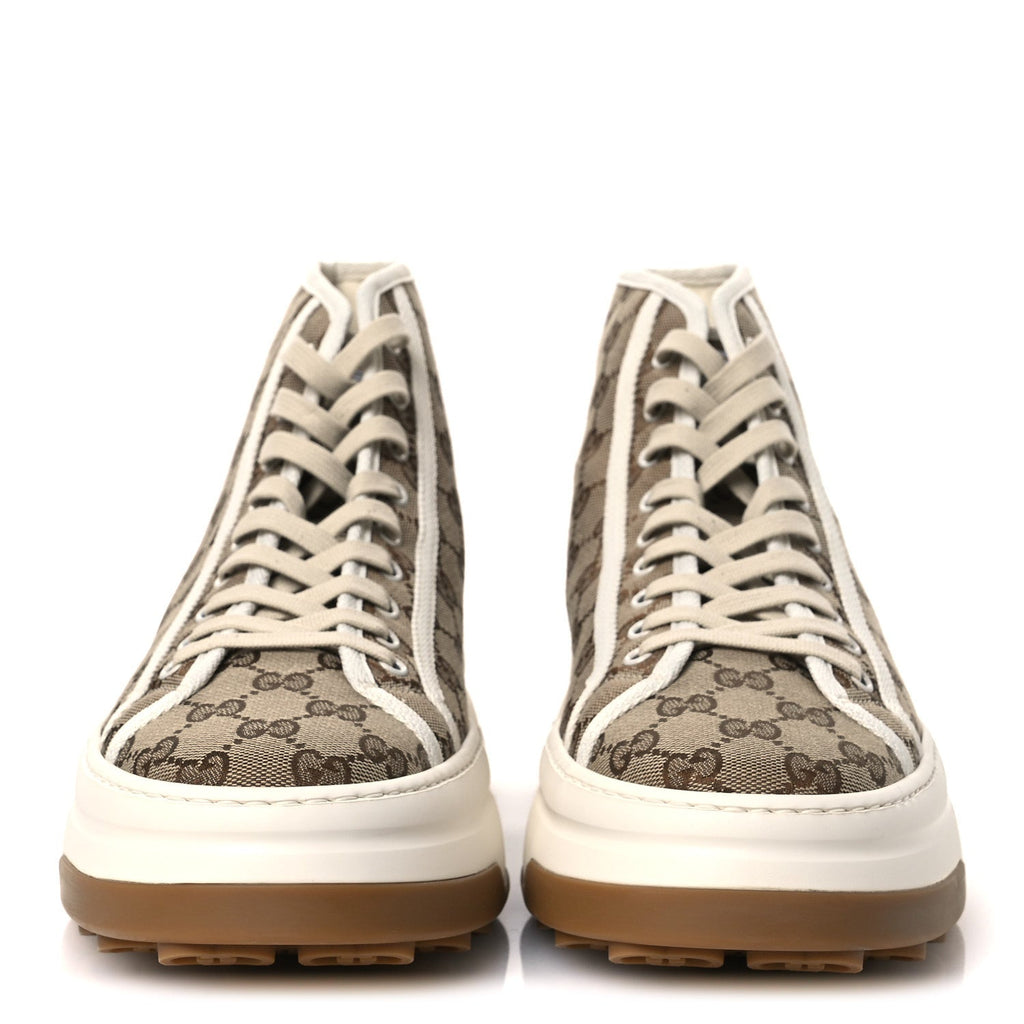 New Canvas GG Monogram Mens Tennis 1977 High Top 55mm Platform Sneakers 11 Beige Ebony Mystic White