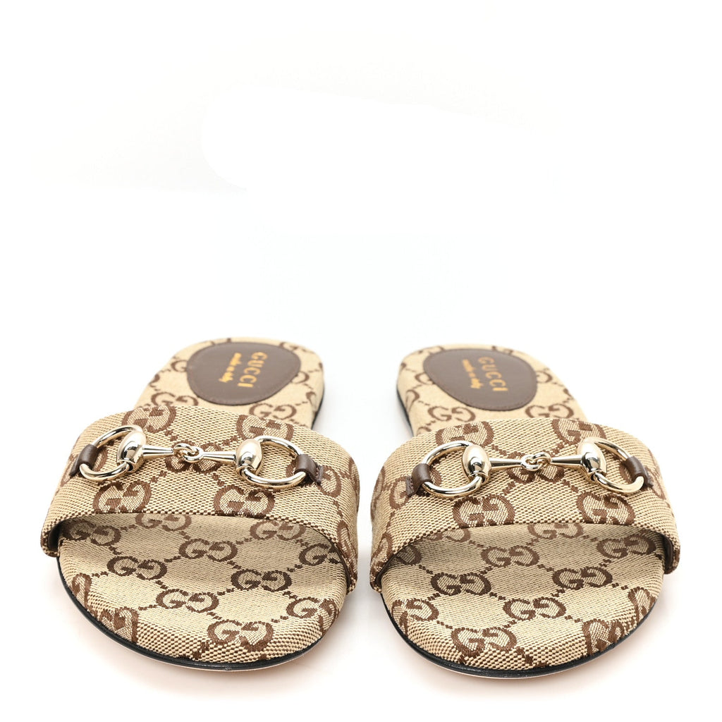 Monogram Horsebit Slide Sandals 37 Camel Ebony