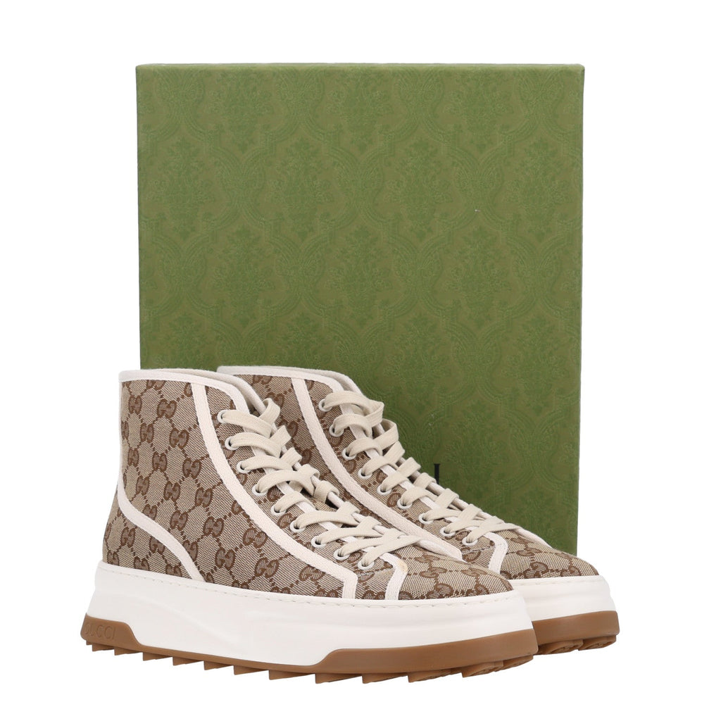 GG Monogram Mens 1977 Tennis High Top Platform 55mm Sneakers 9 Beige Ebony Mystic White