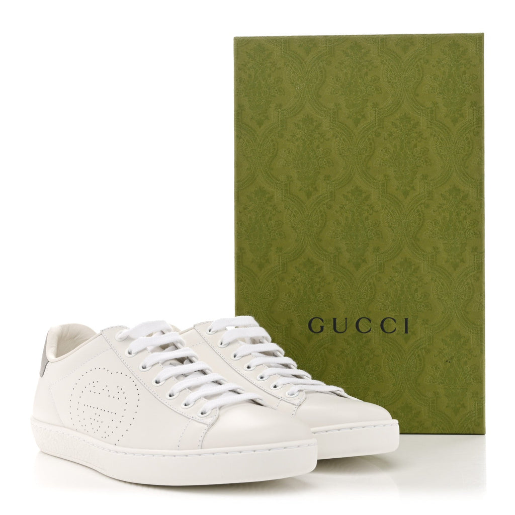 Calfskin Interlocking G Perforated Womens Ace Sneakers 37.5 White Grey Sky