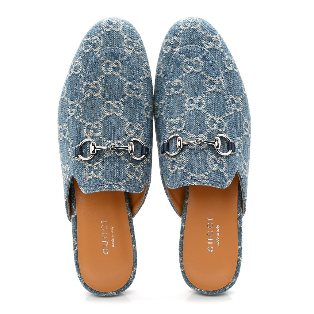 New Denim GG Malaga Kid Womens Princetown Slippers 36.5 Light Blue Royale