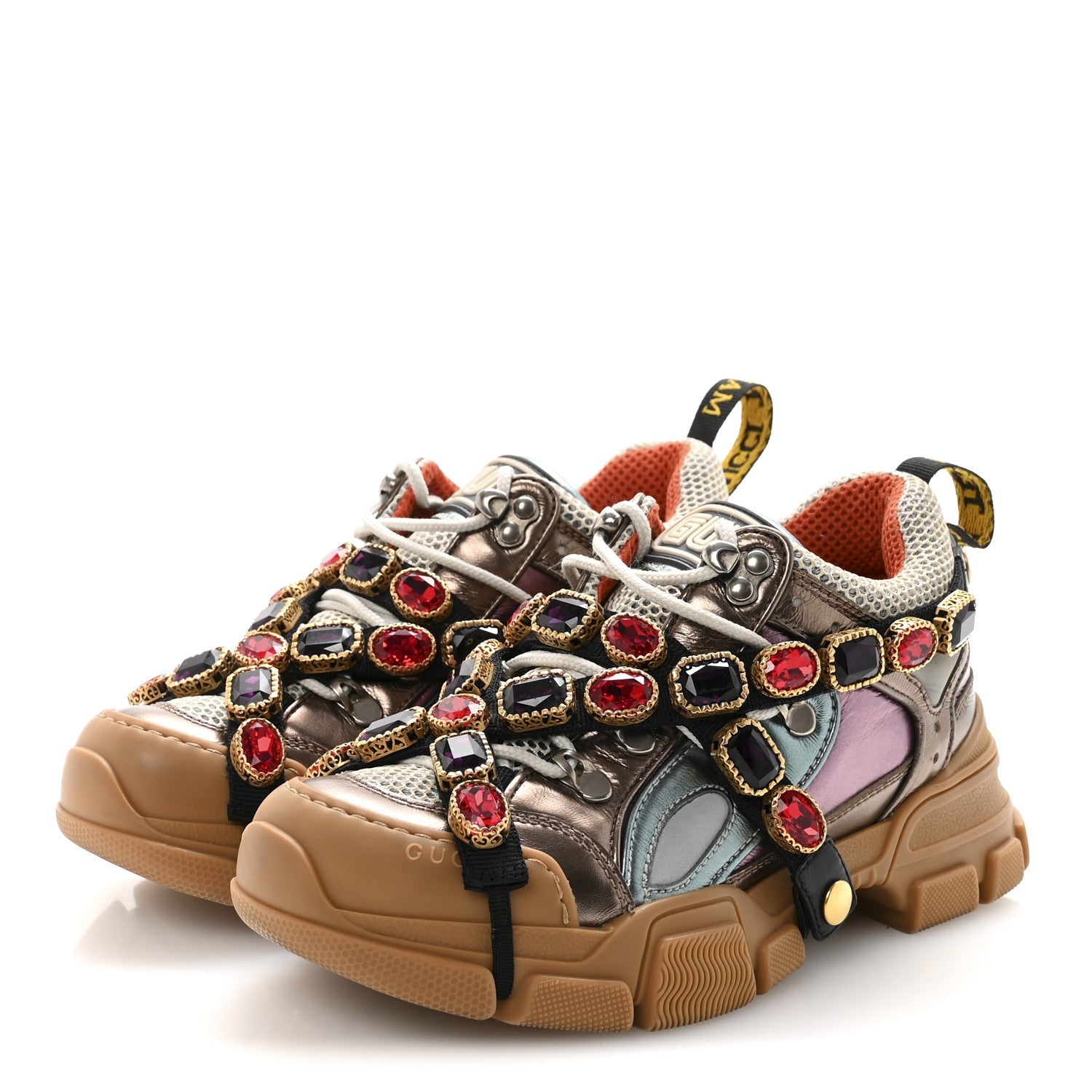 X SEGA Metallic Calfskin Mesh Removable Crystals Womens Flashtrek Sneakers 36 Rame Mystic White Lago