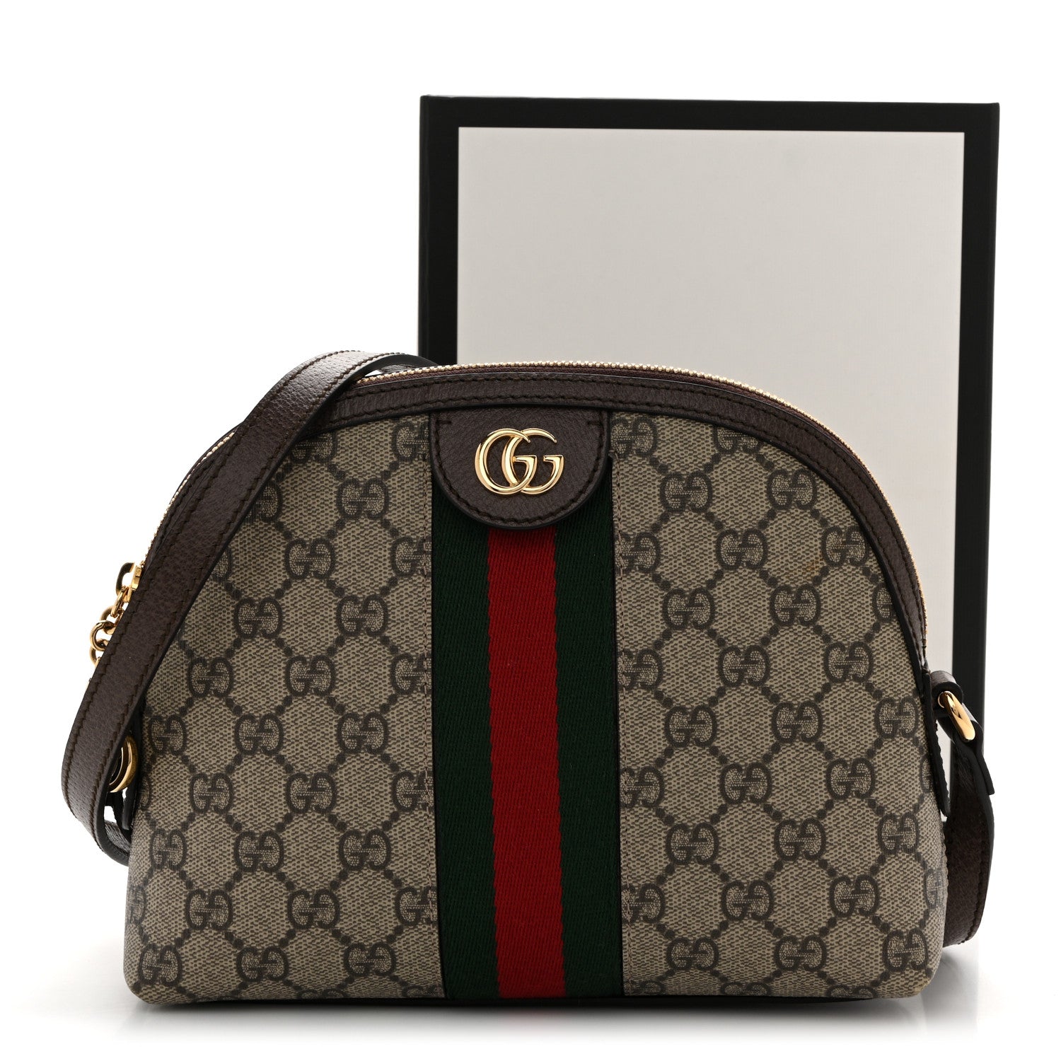 GG Supreme Monogram Textured Dollar Calfskin Web Small Ophidia Dome Shoulder Bag Beige Ebony New Acero