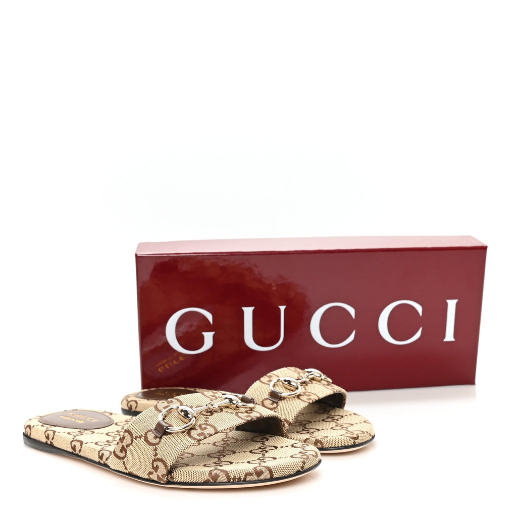 Monogram Horsebit Slide Sandals 37 Camel Ebony