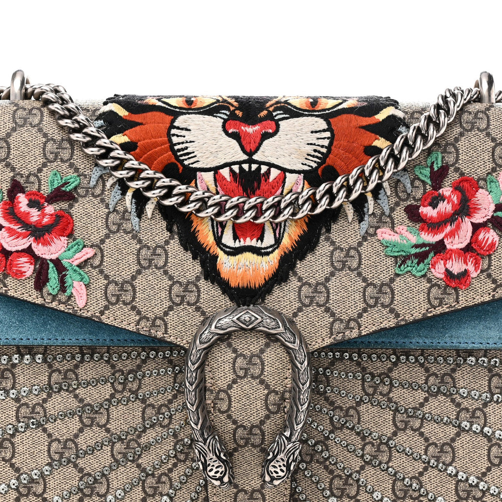 GG Supreme Monogram Angry Cat Embroidered Medium Dionysus Shoulder Bag Beige Ultramarine