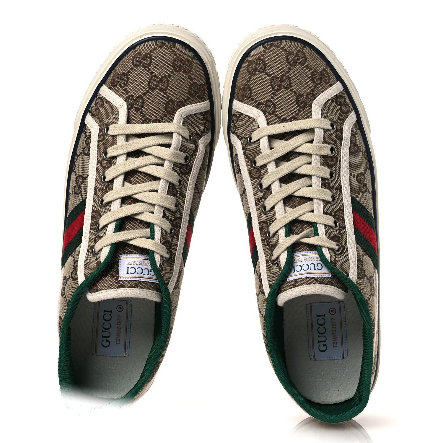 GG Monogram Web Mens 1977 Tennis Sneakers 9 Beige Ebony Mystic White Vert