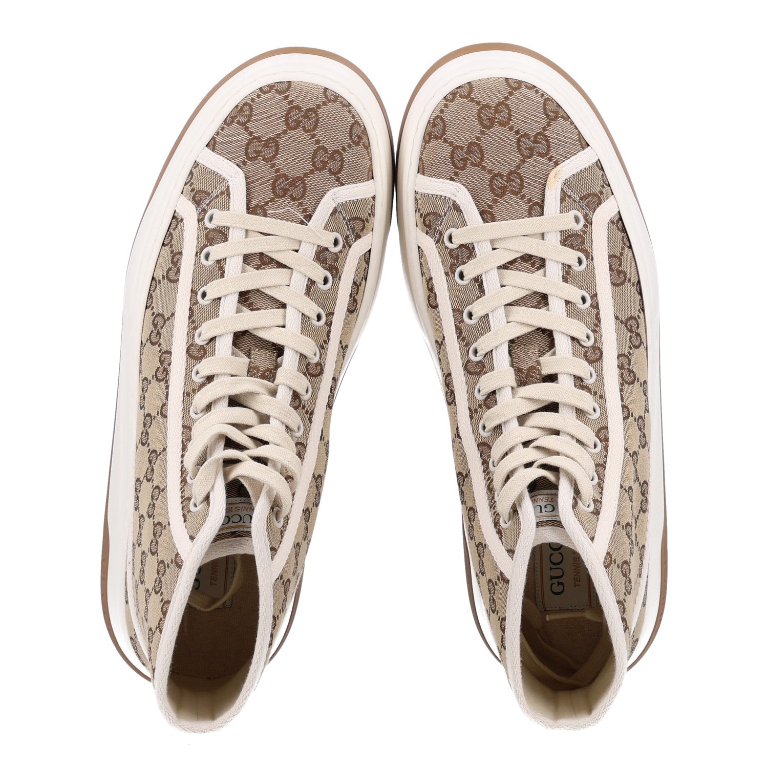 GG Monogram Mens 1977 Tennis High Top Platform 55mm Sneakers 9 Beige Ebony Mystic White