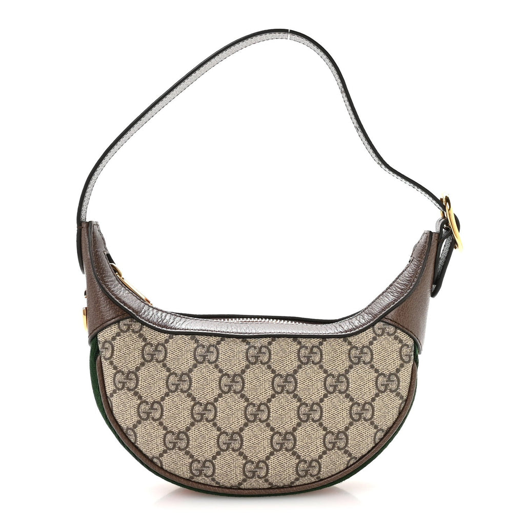 GG Supreme Monogram Textured Calfskin Web Mini Ophidia Half Moon Hobo Beige Ebony New Acero