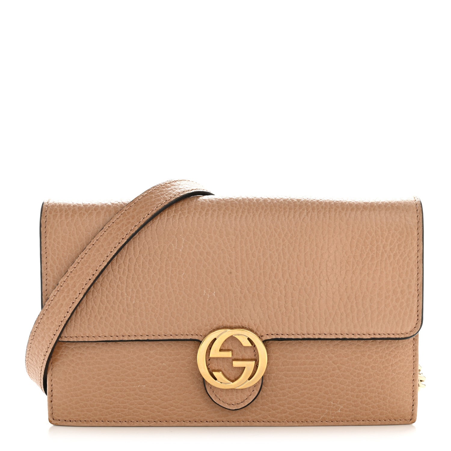 Dollar Calfskin Interlocking G Chain Wallet Camelia