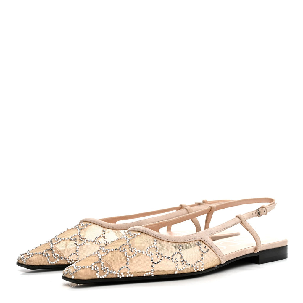 Suede Mesh Crystal GG Monogram Slingback Ballet Flats 37 Light Powder Skin Rose