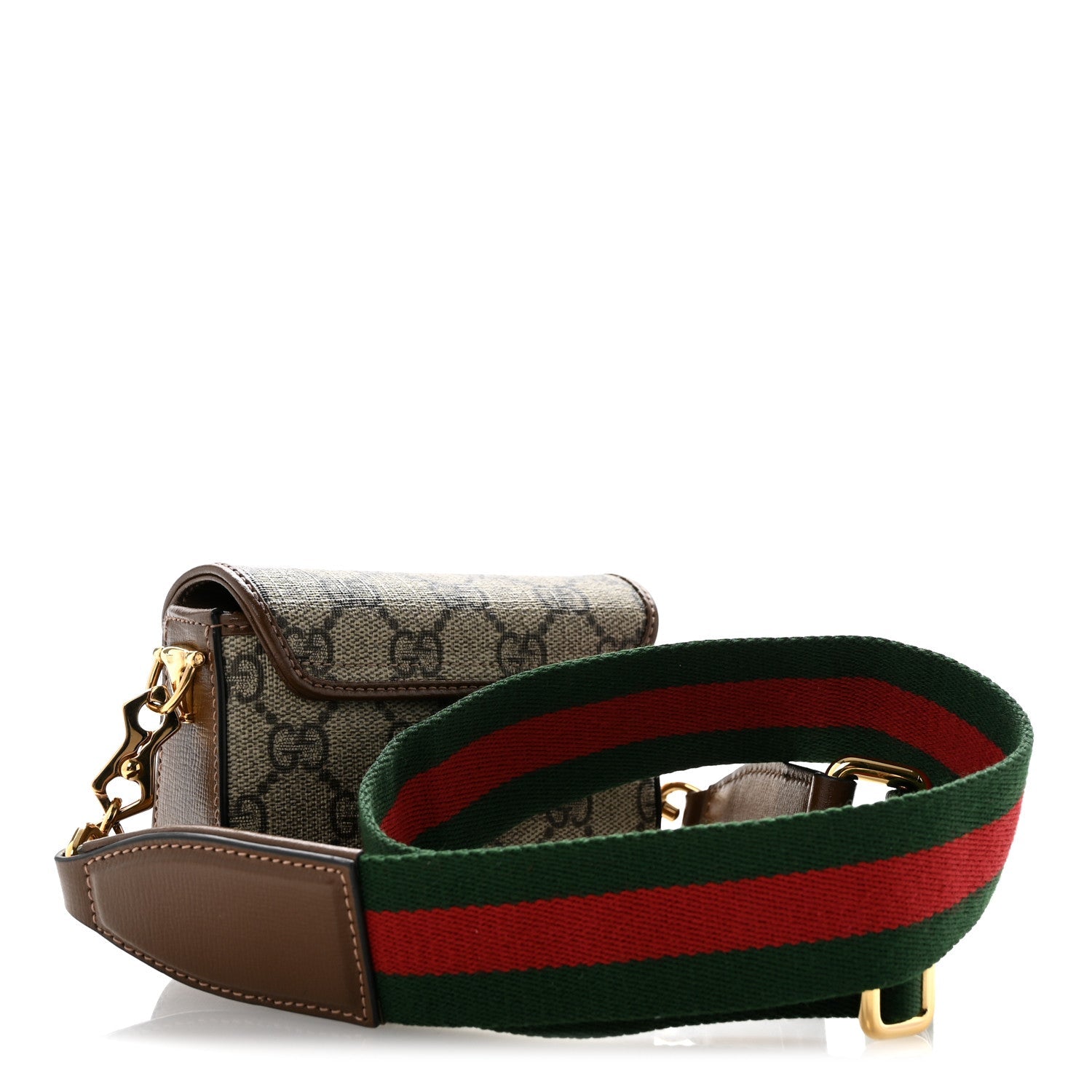 GG Supreme Monogram Azalea Calfskin Web Horsebit 1955 Wallet On Strap Beige Ebony Brown Sugar