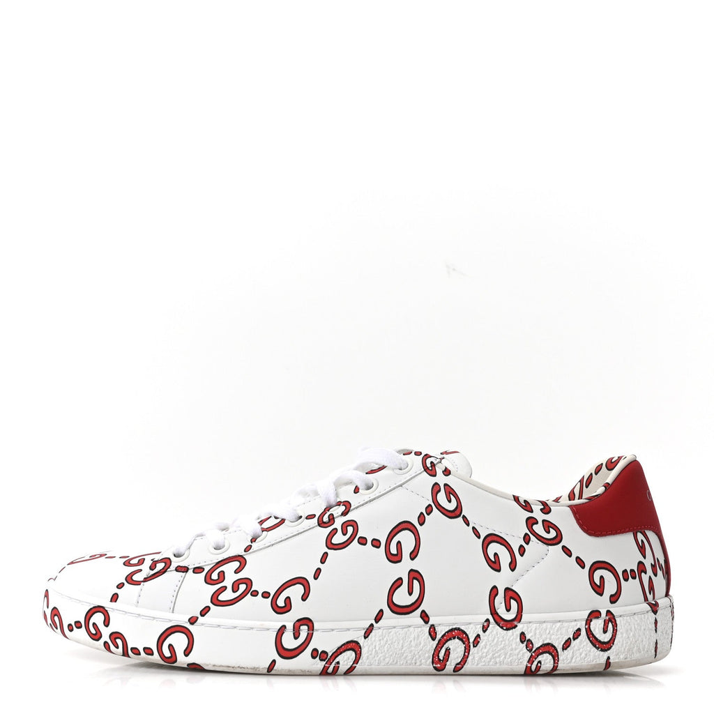 Calfskin GucciGhost Print Womens Ace Sneakers 40.5 White Hibiscus Red