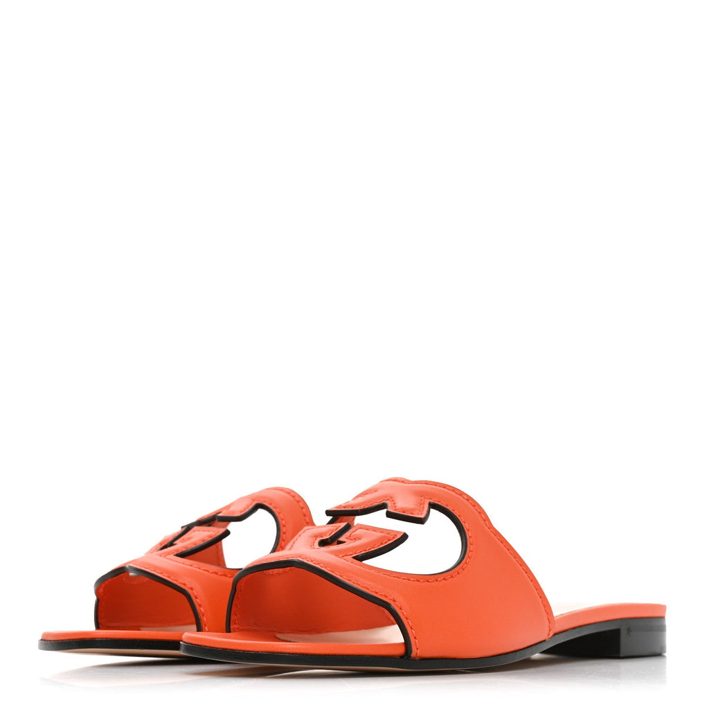 Cosmos Softy Calfskin Interlocking G Cut Out Slide Sandals 35.5 Deep Orange