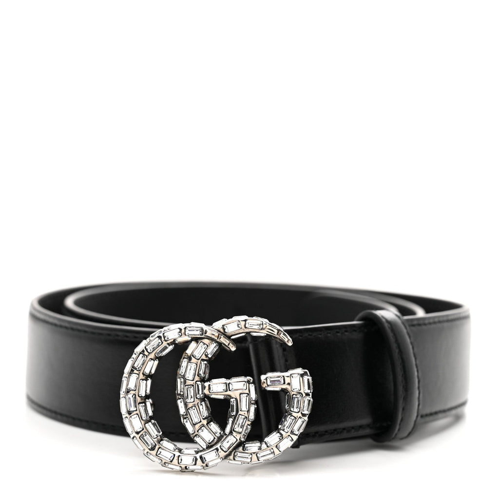 Calfskin Baguette Crystal Double G 30mm Belt 80 32 Black