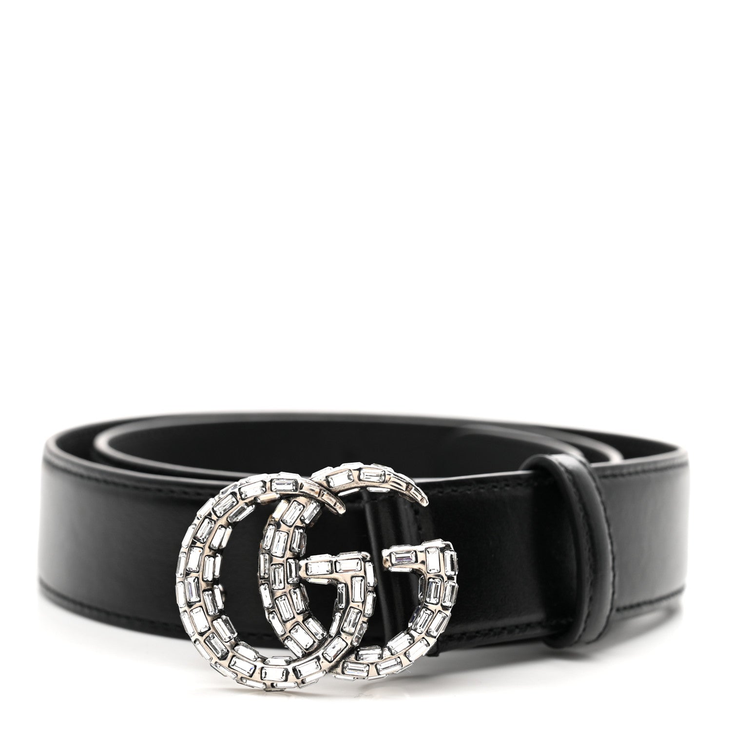 Calfskin Baguette Crystal Double G 30mm Belt 80 32 Black
