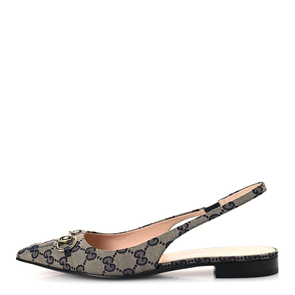 Monogram Horsebit Womens Slingback Ballet Flat 37.5 Beige Blue