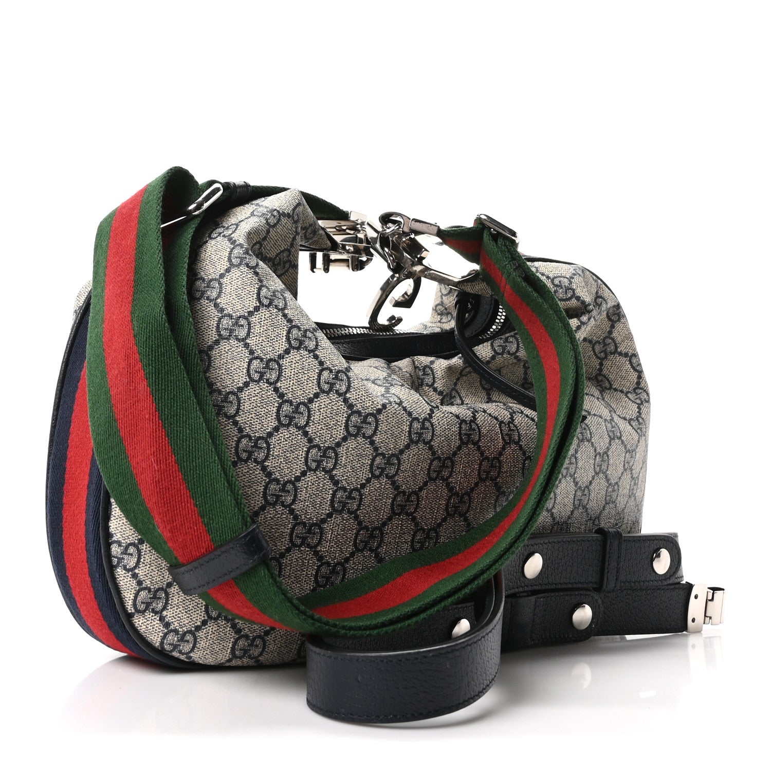 GG Supreme Monogram Textured Calfskin Web Large Attache Shoulder Bag Beige Blue