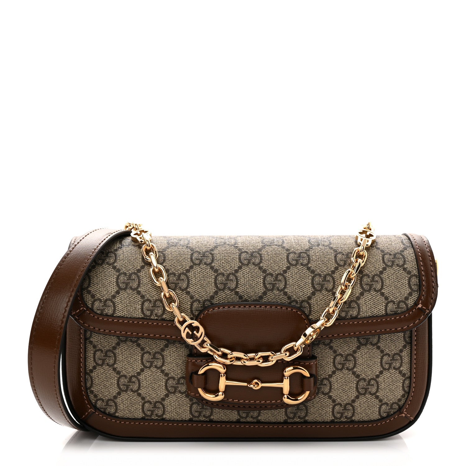 GG Supreme Monogram Small Horsebit 1955 Chain Shoulder Bag Beige Ebony Brown Sugar