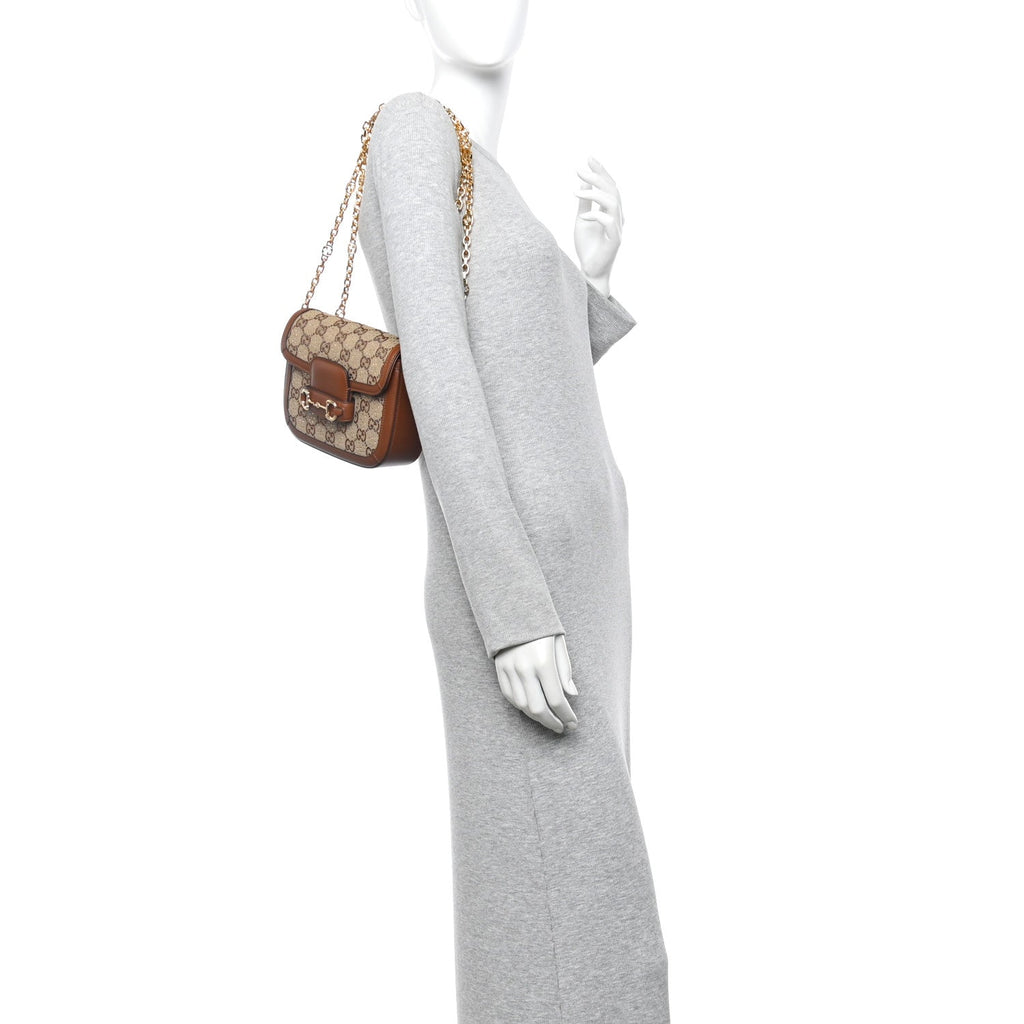 New Canvas Charisma Calfskin Crystal GG Monogram Mini Horsebit 1955 Shoulder Bag Camel Ebony