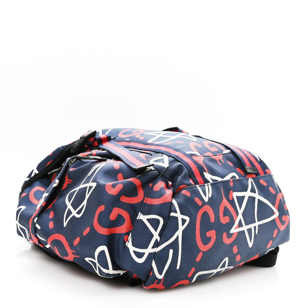 Techno Canvas GucciGhost Double Buckle Backpack Blue Agata Hibiscus Red