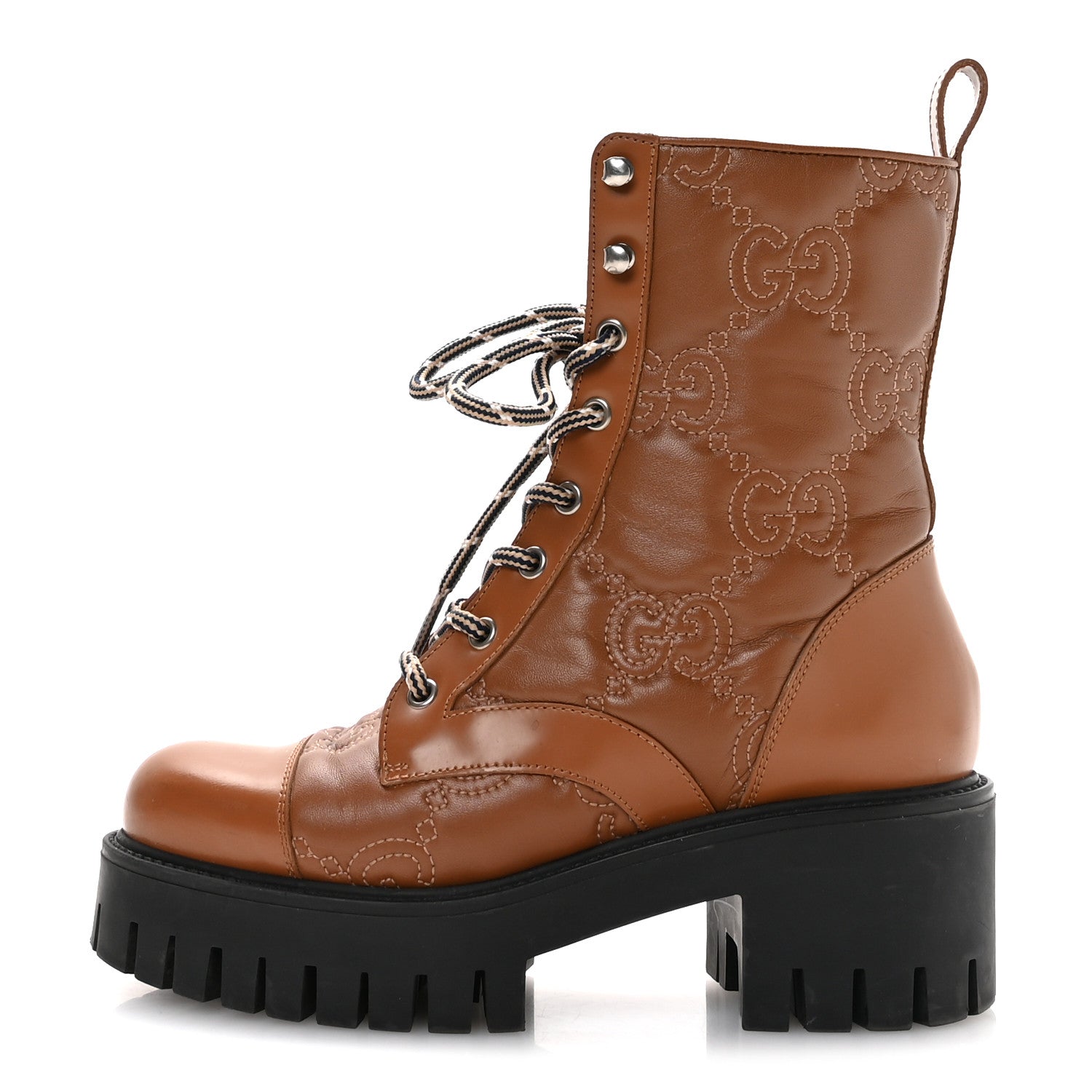 Cordovan Lux Nappa GG Matelasse Lace Up 60mm Combat Boots 36 Dark Hazel Brown