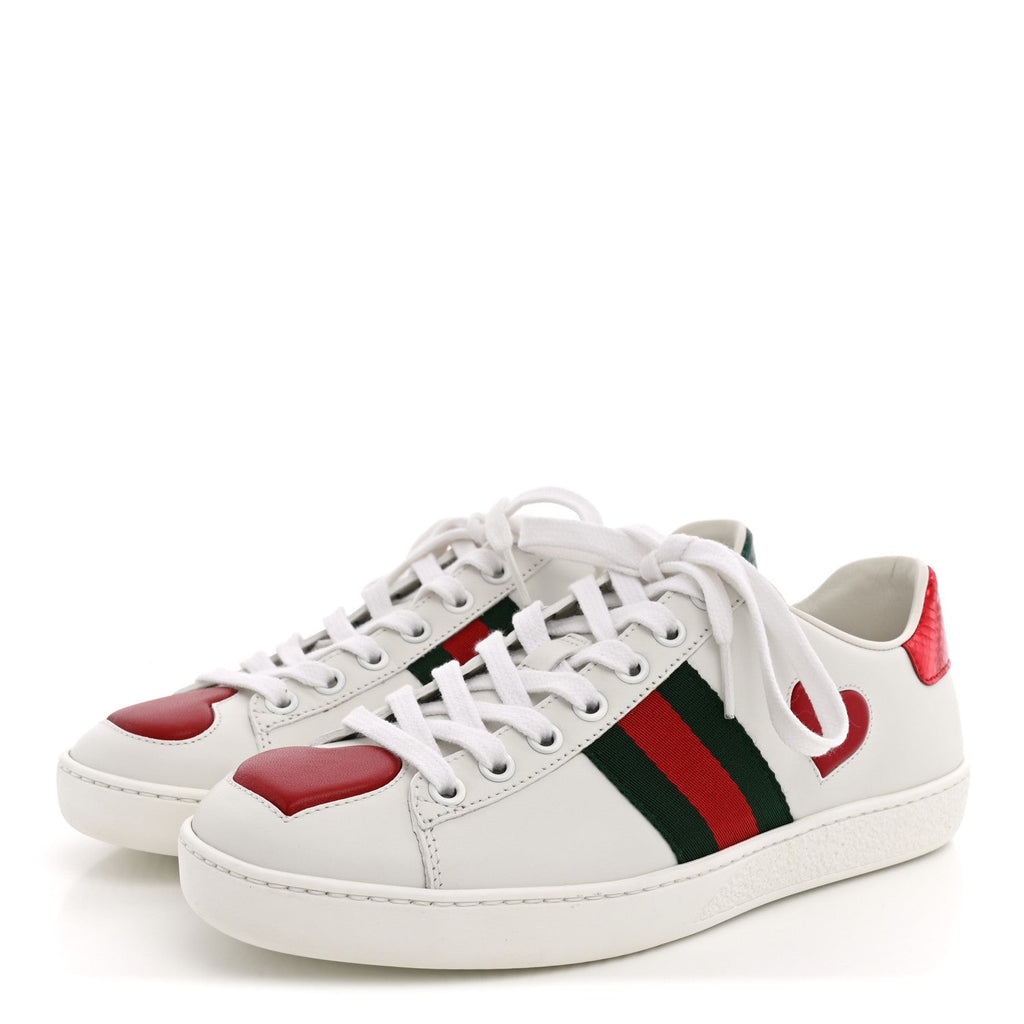 Calfskin Web Heart Embroidered Womens Ace Sneakers 36 White