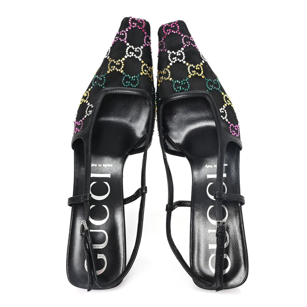 Tela Retino Nappa Charlotte Crystal GG Monogram Square G 75mm Slingback Pumps 39.5 Black