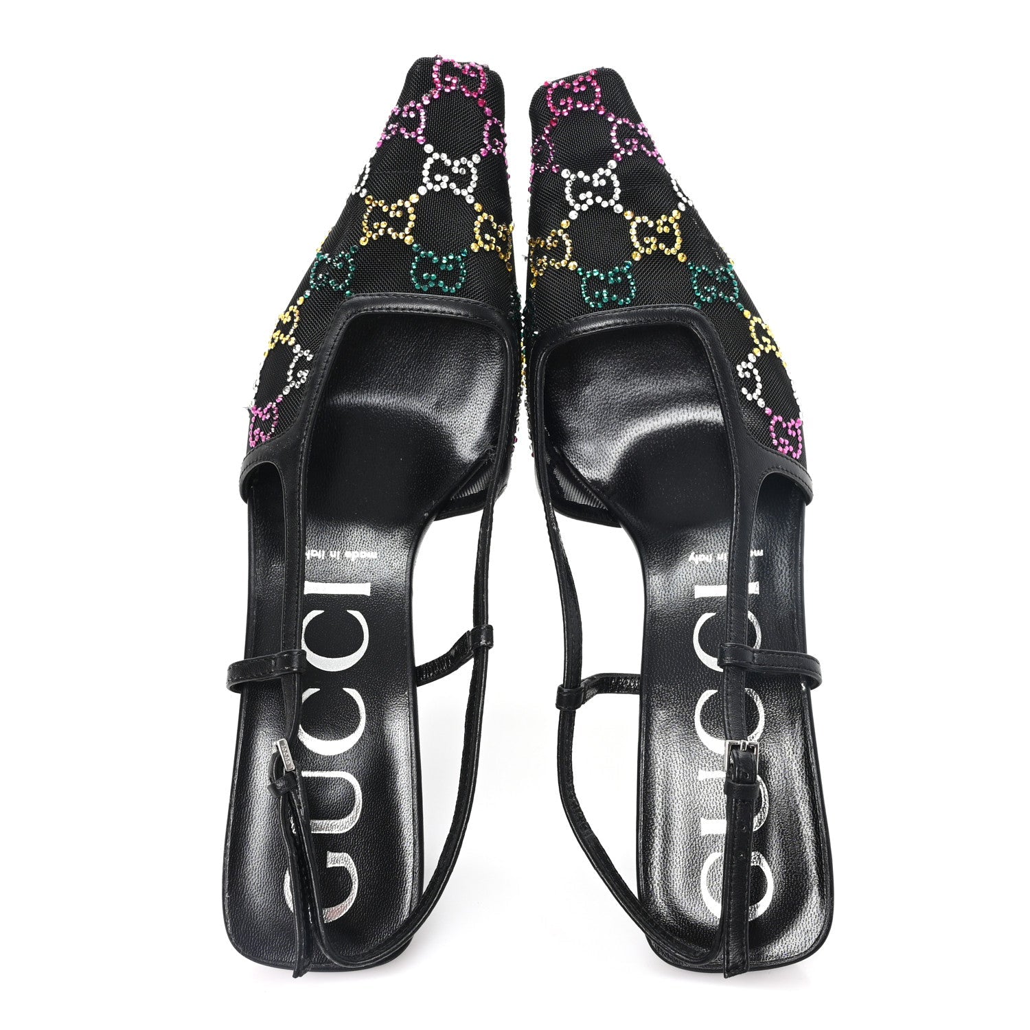 Tela Retino Nappa Charlotte Crystal GG Monogram Square G 75mm Slingback Pumps 39.5 Black