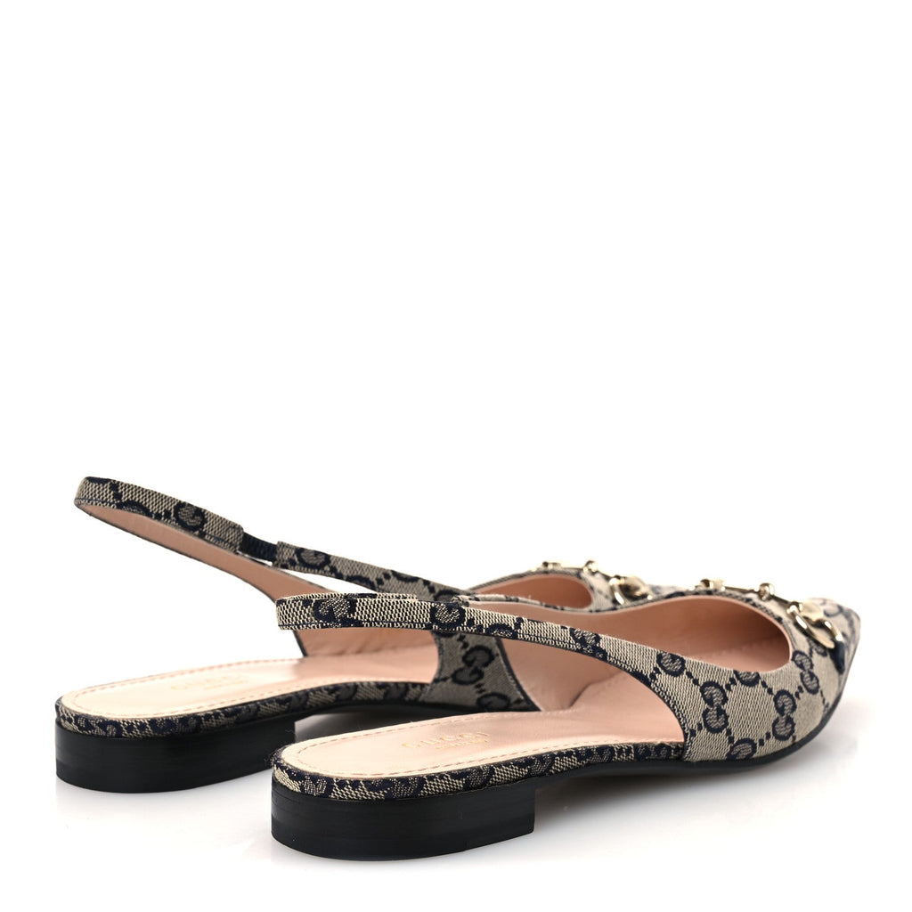 Monogram Horsebit Womens Slingback Ballet Flat 37.5 Beige Blue