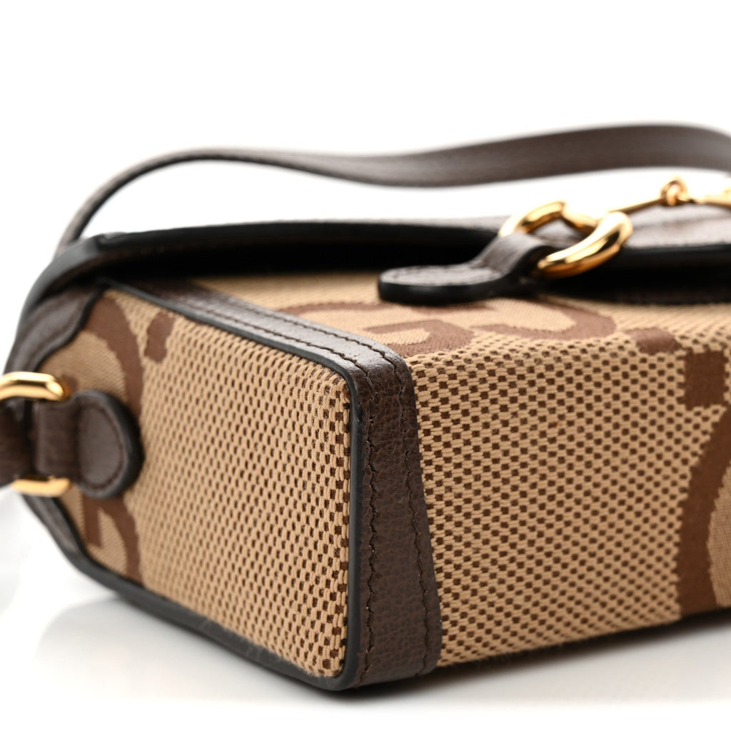 Monogram Jumbo GG Textured Dollar Calfskin Mini Horsebit 1955 Shoulder Bag Camel Ebony New Acero