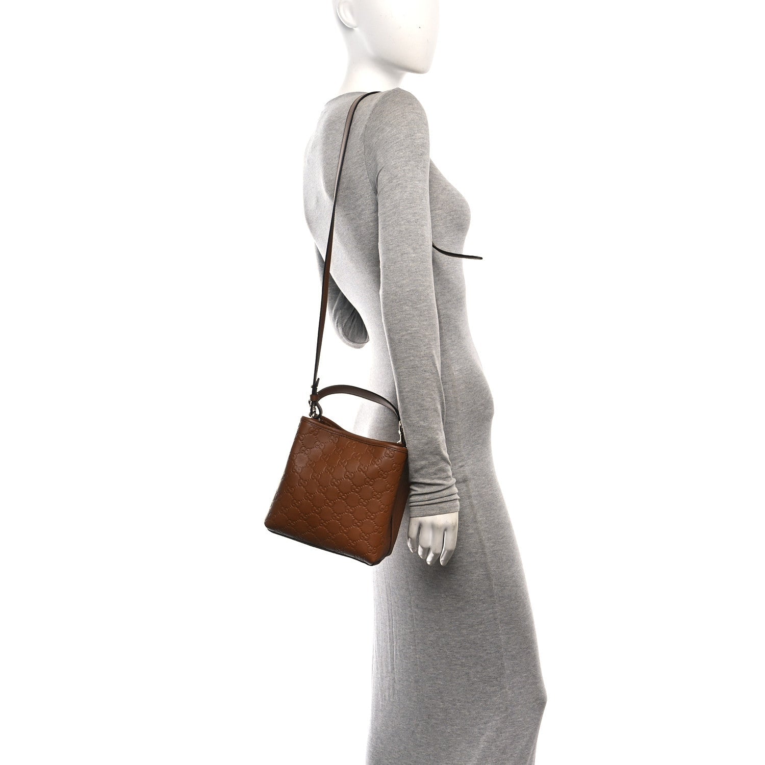 GG Calfskin Embossed Emblem Small Bucket Bag Brown