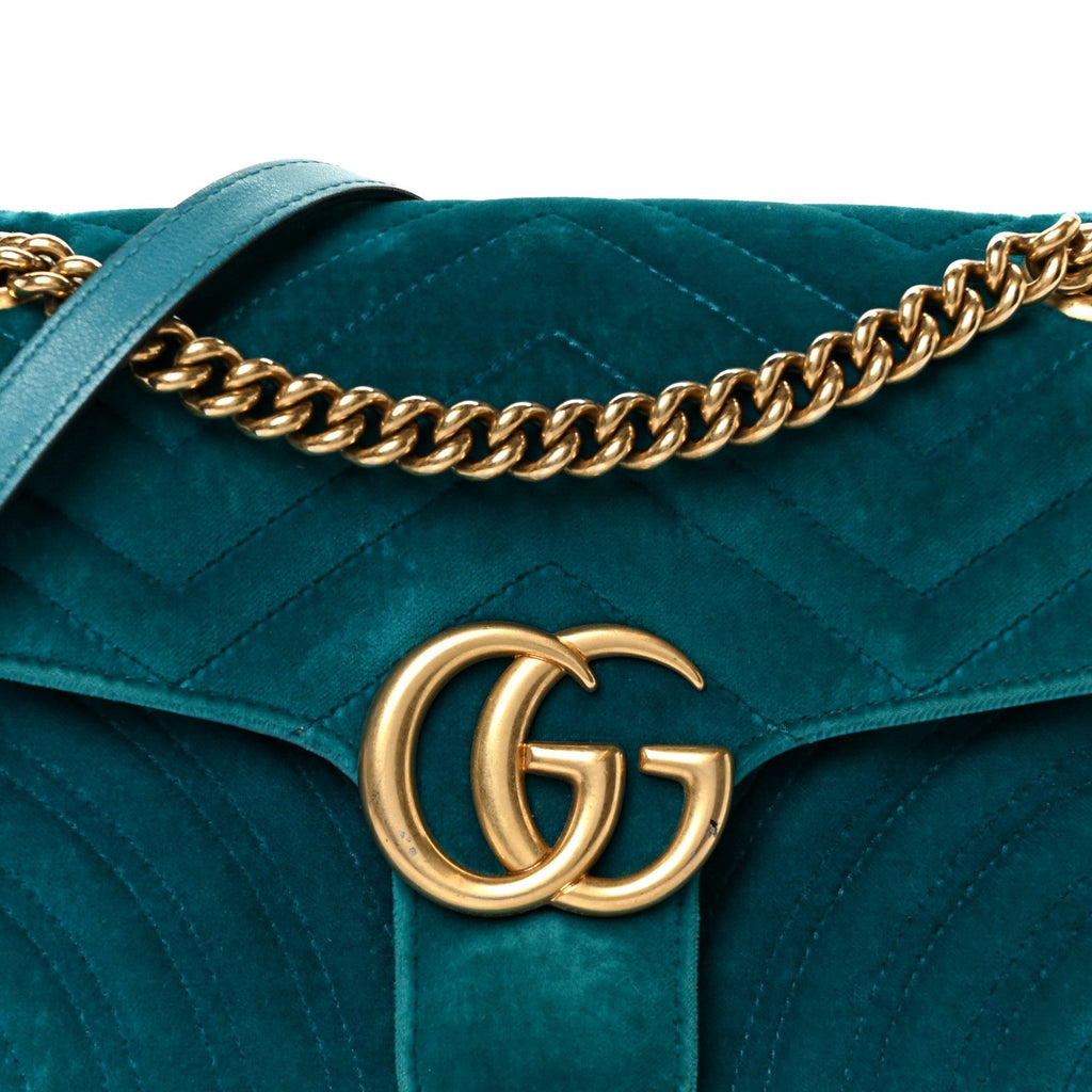Velvet Matelasse Small GG Marmont Shoulder Bag Pavone Cyan