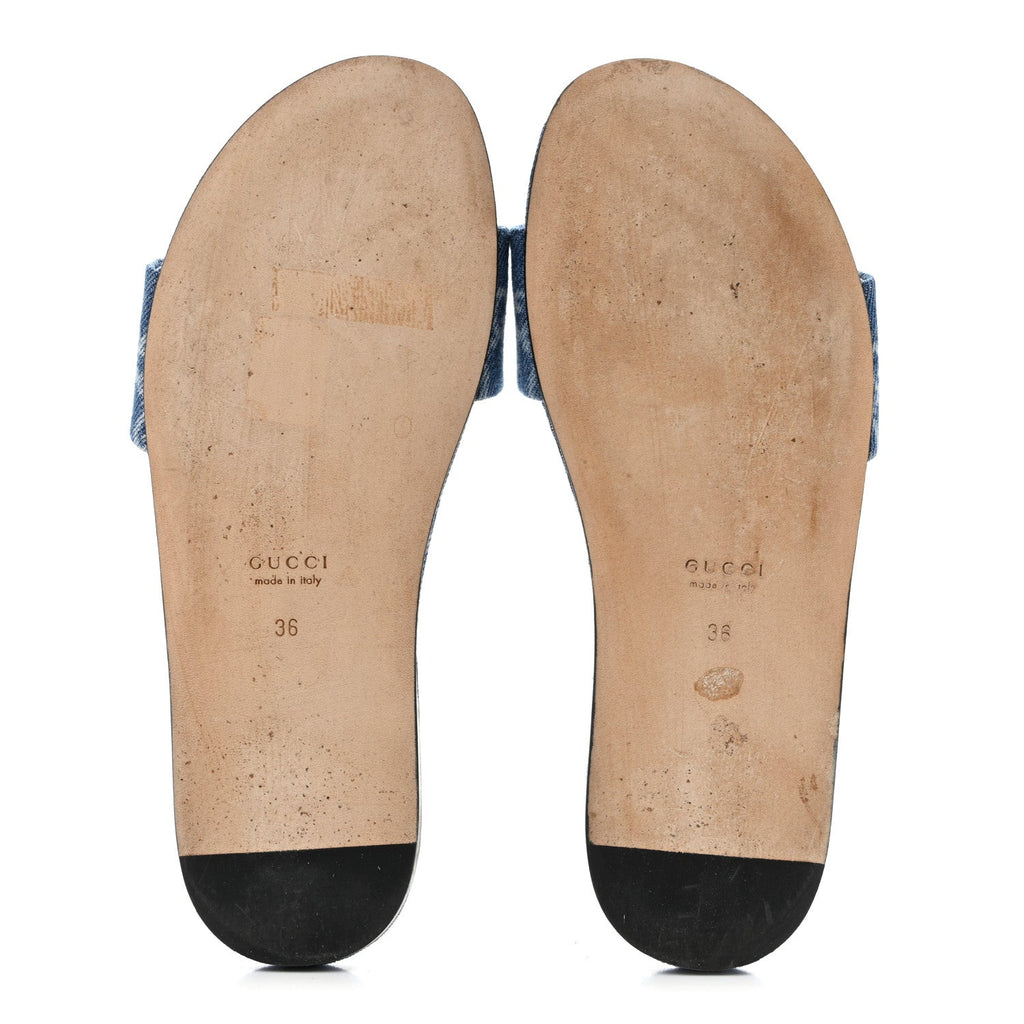New Denim GG Monogram Horsebit Flat Slide Sandals 36 Blue