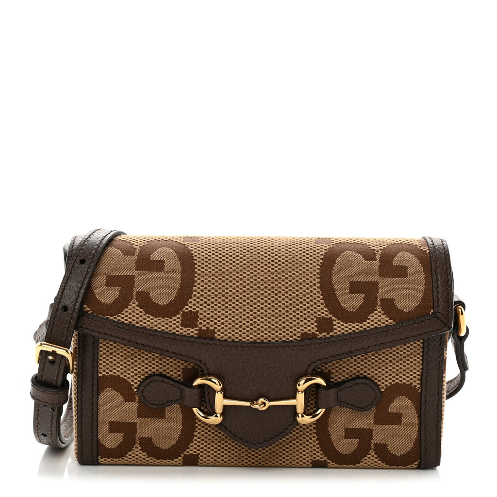 Monogram Jumbo GG Textured Dollar Calfskin Mini Horsebit 1955 Shoulder Bag Camel Ebony New Acero