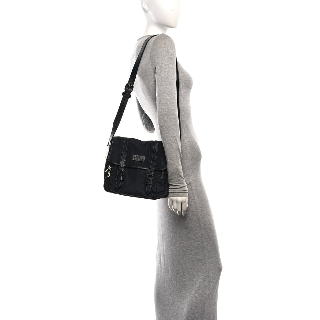 Nylon Monogram Double Buckle Flap Messenger Bag Black